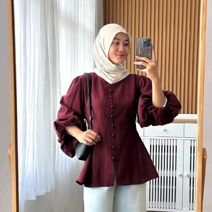 Alya Blouse Atasan Wanita Terbaru Kemeja Wanita Lengan Panjang Kemeja Casual Kemeja Polo Linen Outfi