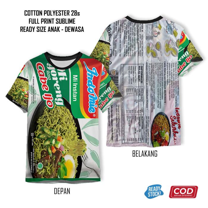 Kaos Mie Instan Cabe Ijo Ayam Pop Empal Gentong Dus Mi Goreng Ayam Bawang Full Printing Keren | Baju