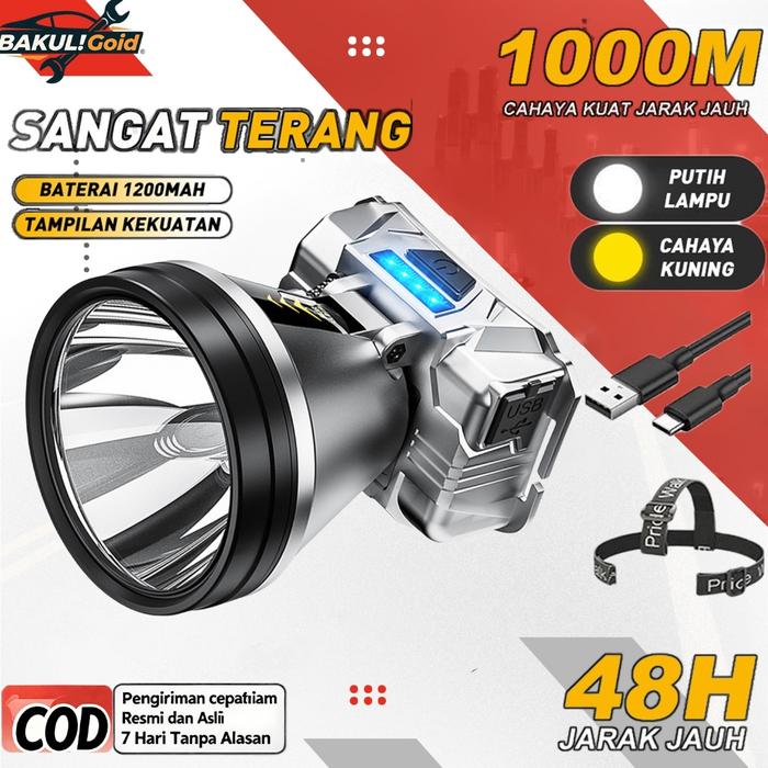 Senter Kepala Super Terang Luar Ruangan Lampu Depan LED Senter 1000/500 WATT Sorot Waterproof USB R