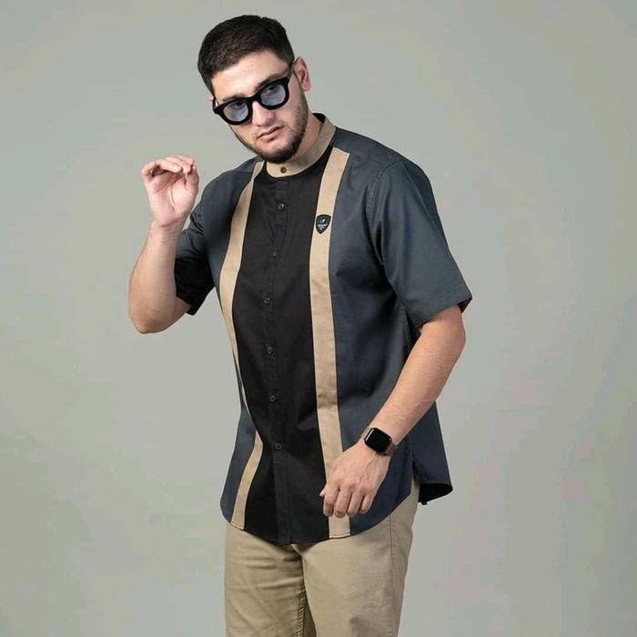 Baju Koko nuaiman series Kombinasi Pria Lengan Pendek Katun Dewasa Cowok Hitam Casual Navy Surfing -