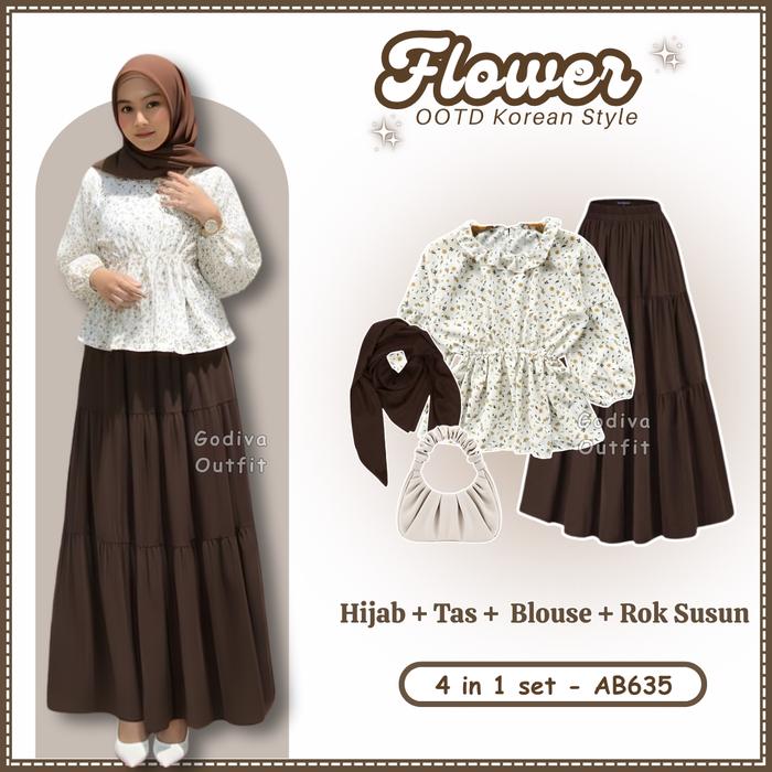 Godiva Outfit Raya Series 4 In OneSet Wanita Kekinian ( Bella Square + Tas + Blouse Olla + Rok Susu