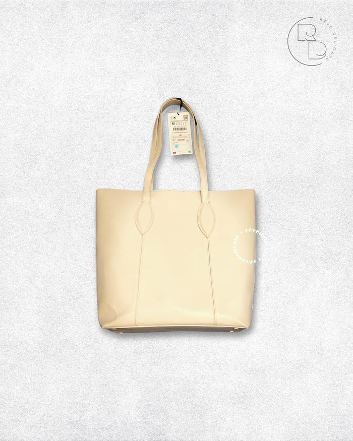 ZARA Large Tote Bag Cream Wanita – Tas Jinjing Besar Warna Beige Elegan Muat Laptop