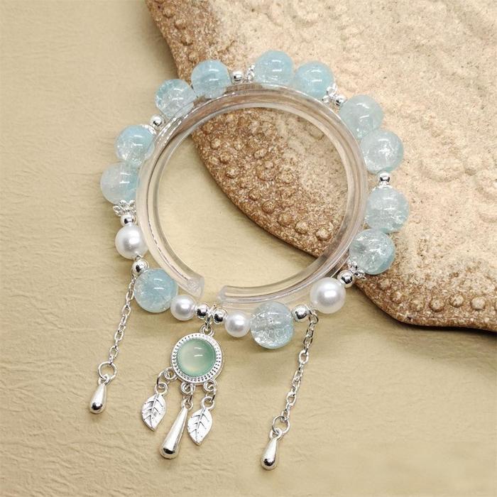 Gelang dengan Manik Kristal Warna-Warni Berbentuk Tetesan Air dan Manik Kaca, pada Tali Elastis