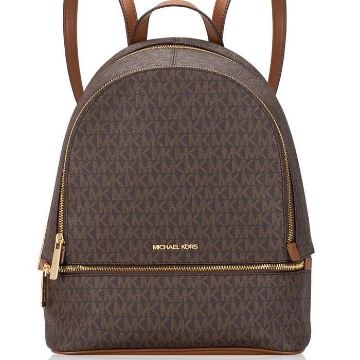 Michael Kors Mk Rhea Medium Zip Backpack Signature Coklat (Ukuran: 33×13×26 cm) Baru Dengan Tag 100%