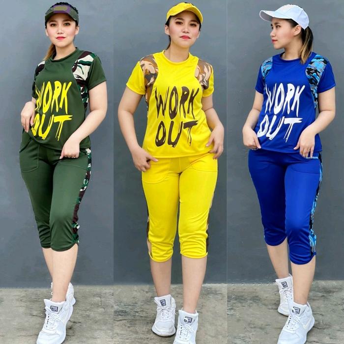 Set Baju Senam Pendek Setelan Baju Zumba Aerobic Olahraga Pendek Variasi Army