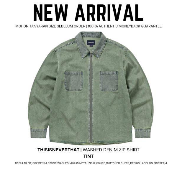 Thisisneverthat Washed Kemeja Denim Zip Regular Fit BOZ Denim Stone-Washed dengan Kancing Lengan dan