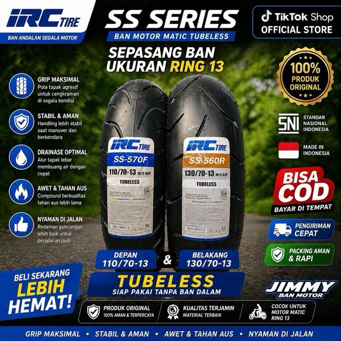 sepasang Ban motor NMAX irc tubeless depan belakang ukuran 130/70-13 & 110/70-13 produk sni tahun pe