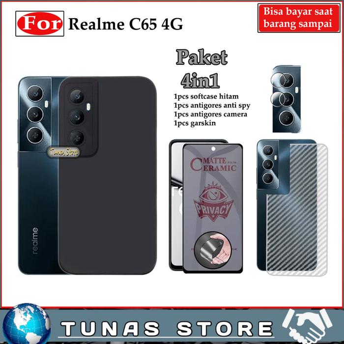 Paket 4In1 Casing Realme C65 4G Softcase + Antigores Ceramic Anti Spy + GarSkin+Tempered Camera