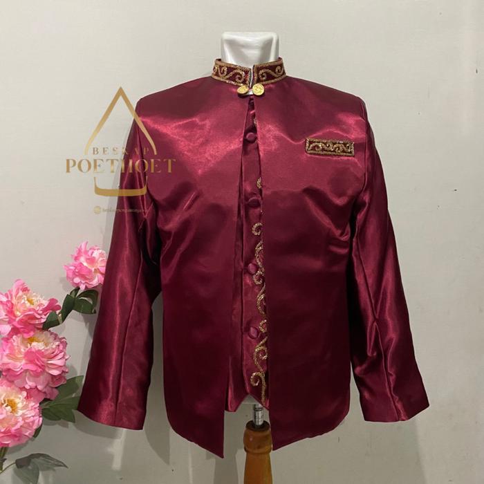 (PROMO) JAS FORMAL PRIA BASOFI PENGANTIN SUNDA MUSLIM MAROON SET CELANA DAN PECI
