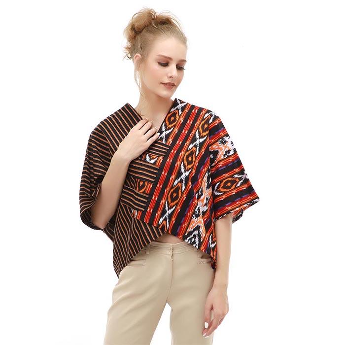 Hamlin Lynelle Atasan Formal Wanita Blouse Crop Top Batik Songket Material Cotton ORIGINAL - Orange
