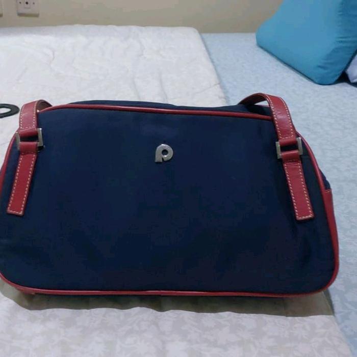 Preloved Papillon Bag Leather Mix Canvas Tas Wanita Biru dengan Tali Merah