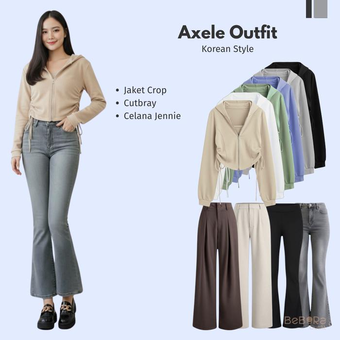Setelan Axele outfit (Jaket Crop+Cutbray+Celana Jennie) One Set Korean Style | Fashion Wanita Kekini