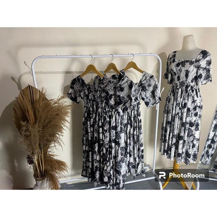 Dress Fuji Kerut Dada Adem Terbaru Wanita Terlaris Viral Lengan Lonceng Motif Wanita Panjang Selutut