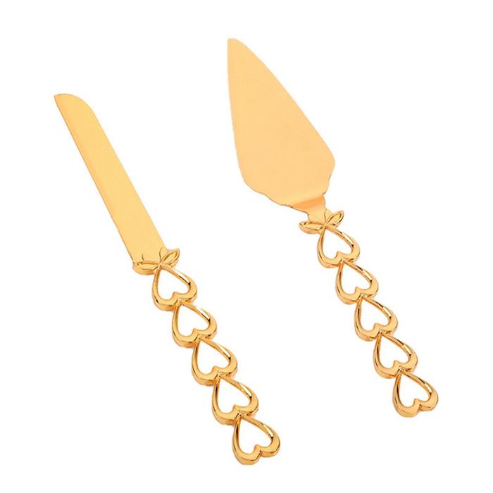 2Pcs Heart Shape Handle Cake Cutter Golden Cake Shovel Knife Wedding
