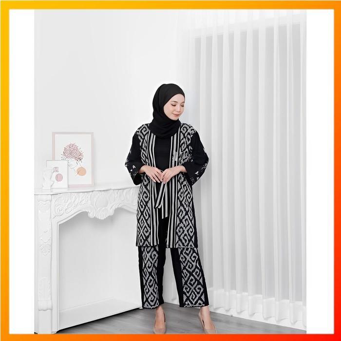 SET OUTER BAJU TENUN ATASAN BAWAHAN NONA SET BLACK VORY SERIES celana muslim Wanita Setelan