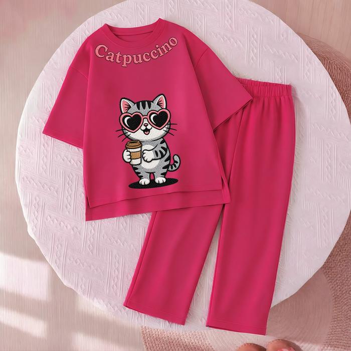 Setelan Anak Cewek Korean Style Sablon Digital 3D Bordir Import Girl Catpucino Dw