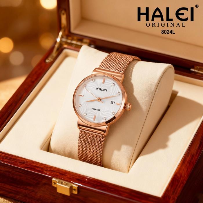 BEST HALEI IND 8024 L - Bergaransi Jam Tangan Wanita Halei Original Fashion Elegan Rantai Mesh Stain