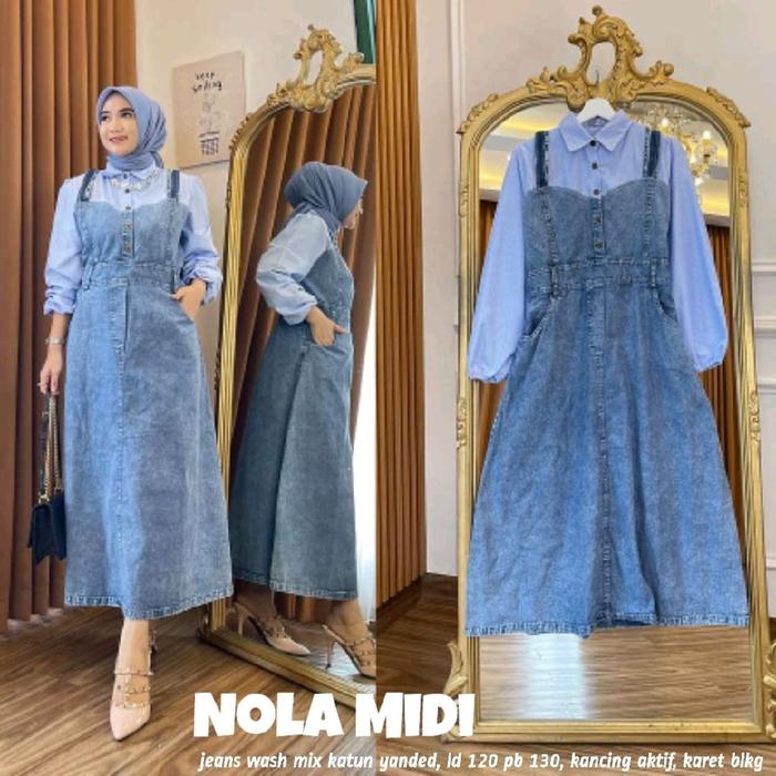 Nola midi bahan jeans mic catton hokaido Dress muslimah Gamis baju midi muslim wanita gaun lebaran o