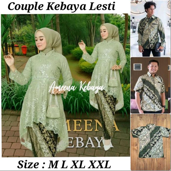 Setelan Couple Kebaya Tunik Lesti Sarimbit Kemeja Batik Modern Motif Cm Sage Seragam Keluarga | Baju