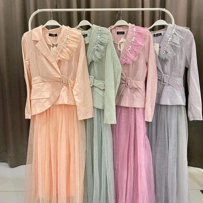 Dress cantik vivorie warna sage, perpaduan blezer dan rok tutu Blazer Wanita Formal