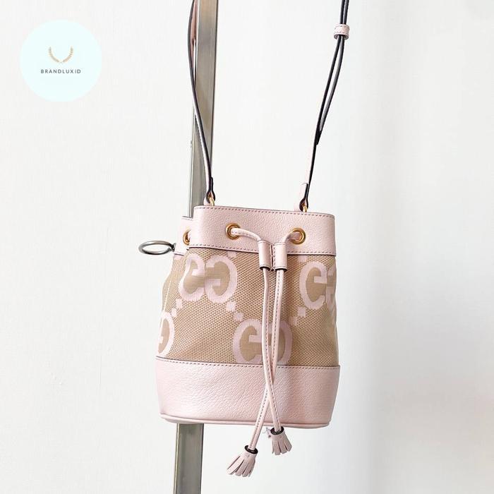 GUCCI OPHIDIA JUMBO GG PATTERN MINI BUCKET BAG BEIGE/PINK