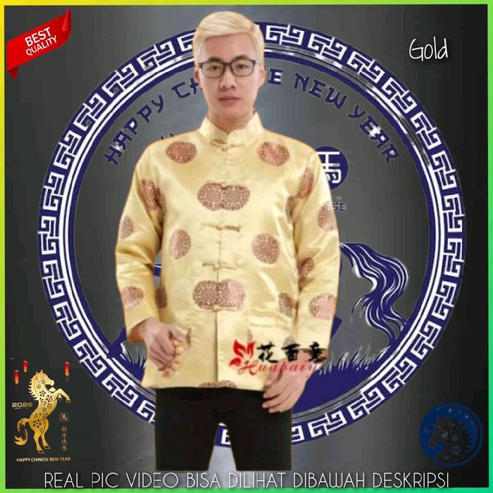 TM01030 Baju Cheongsam Atasan Imlek Pria Kemeja Cina Tradisional Hem Yin Li Laki Laki Qipao Gold