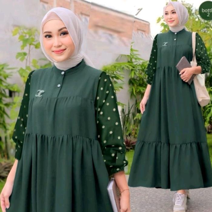 Gamis MIDI Dasima Motif Polkadot Bahan Rayon Murah Muslim Dewasa Katun - Wanita Kancing Panjang Meny