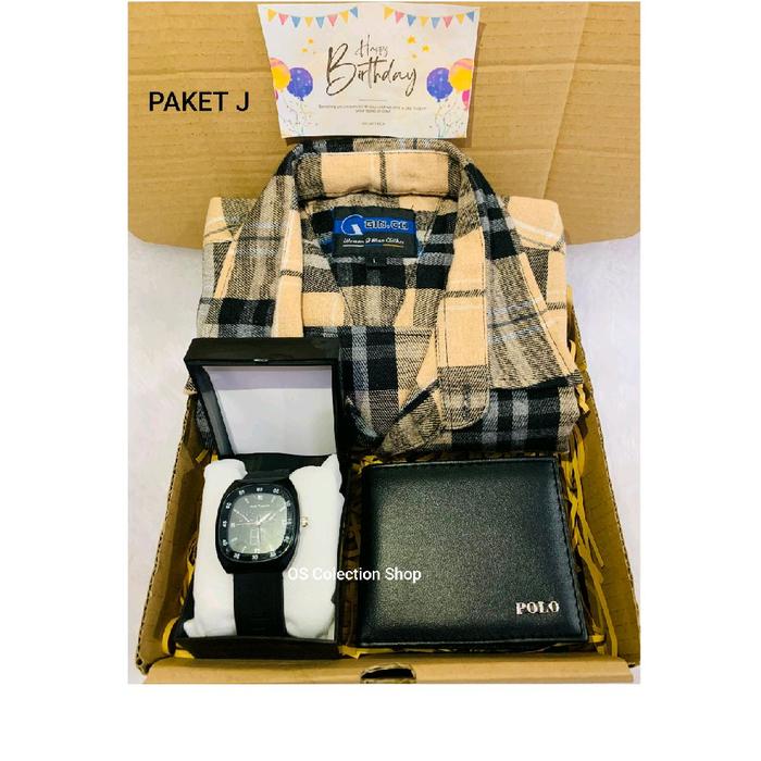 Paket Hampers Kado Cowok Kemeja Flanel Dompet Jam Tangan