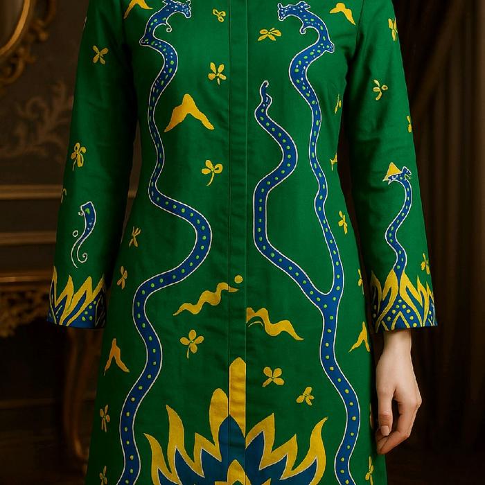 atasan tunik wanita motif batik lampung hijau lengan panjang bahan katun premium berlapis furing