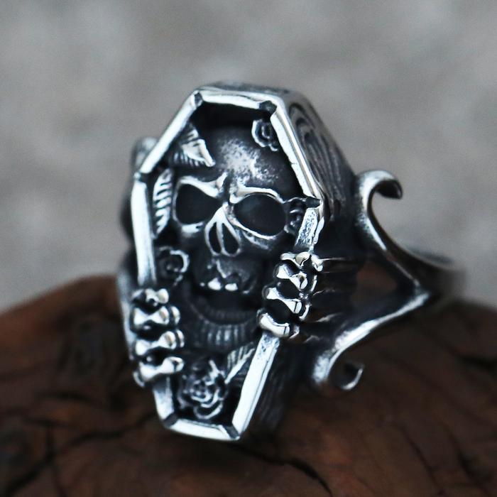 Cincin Peti Mati Tengkorak - Skull Coffin Ghost Vampire Devil Demon Death Skeleton Hand Ring Silver 