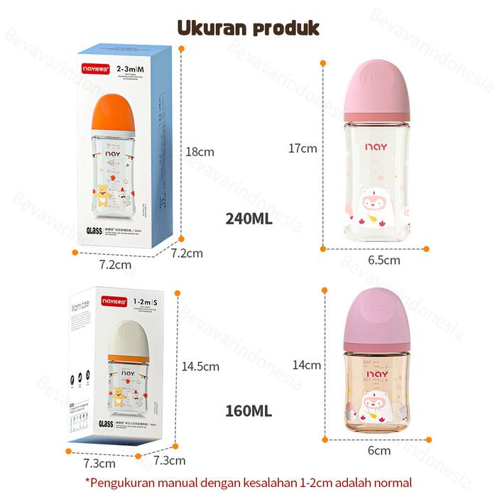 BEVAVAR Botol Susu Wide Neck Kaca Bayi 160ML/240ML Botol Minum Bayi Newborn