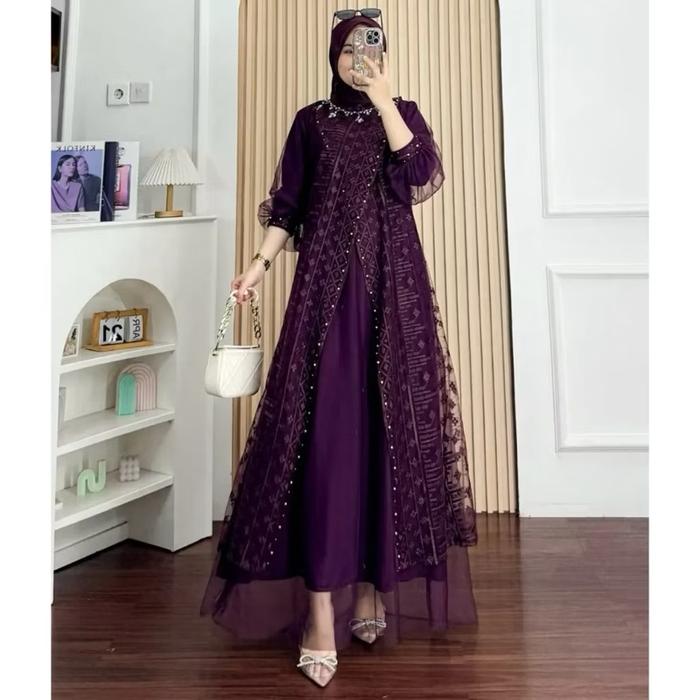 Dress Pesta Brukat Tille Premium Lebaran Gamis Pesta Mewah Bahan Maxmara Mix Brokat simpel zigzag un