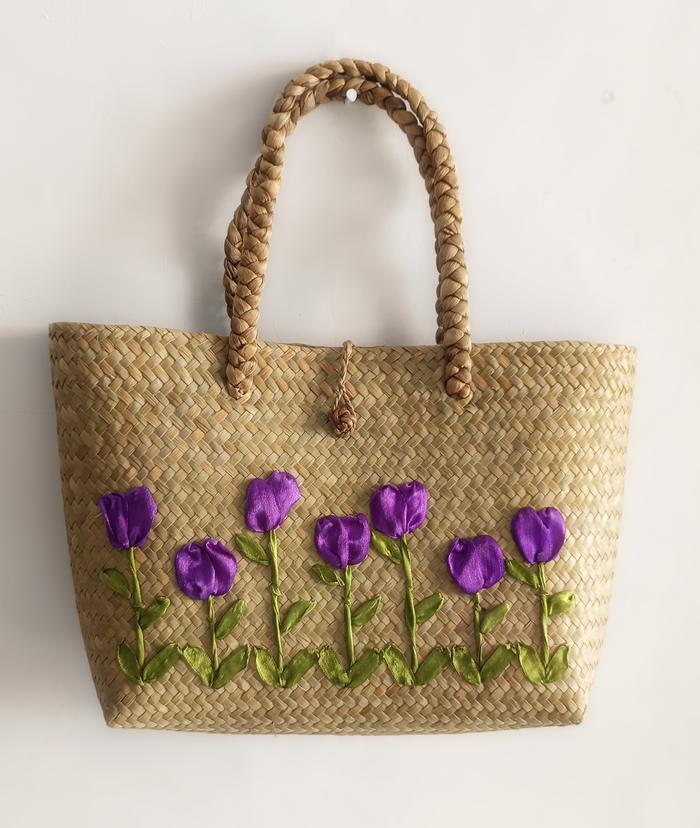 Lembung  Tas purun bordir sulam pita bunga jinjing bahu wanita asli Kalimantan totebag grass Natural