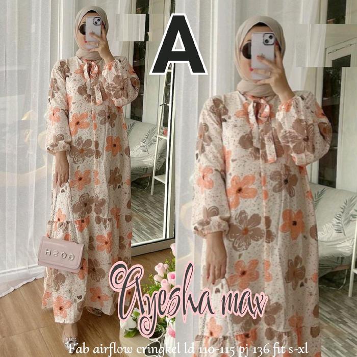 Dress/Gamis Muslim Ayesha Maxy Faira Set Motif Bunga Bahan Crinkle Airflow Nyaman Cocok Untuk Acara 