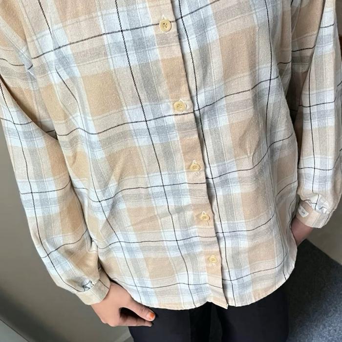 Kemeja Flanel Wanita Korea Oversize Baju Casual Kotak-Kotak Tangan Panjang Pasti Ori