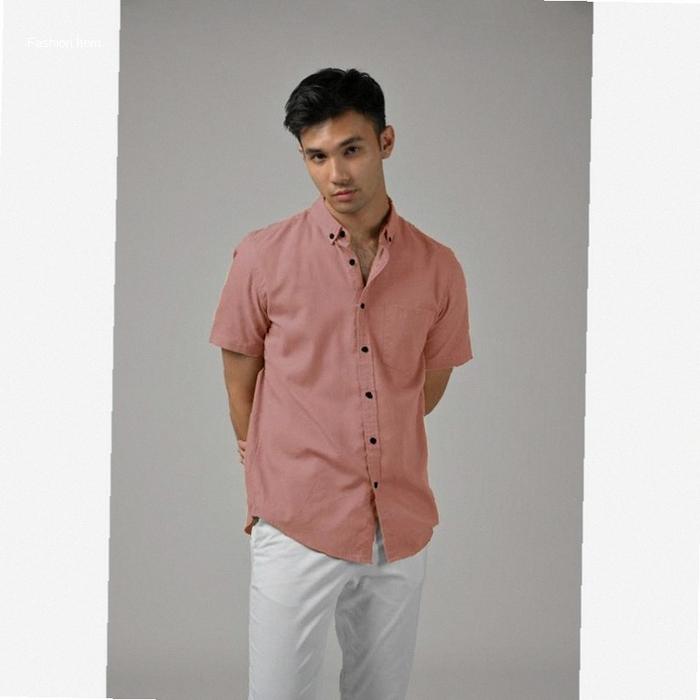 Kemeja / Hem Polos Pria / Cowok Lengan Pendek Kasual / Formal Warna PINK PEACH/ Pink / biru denim | 