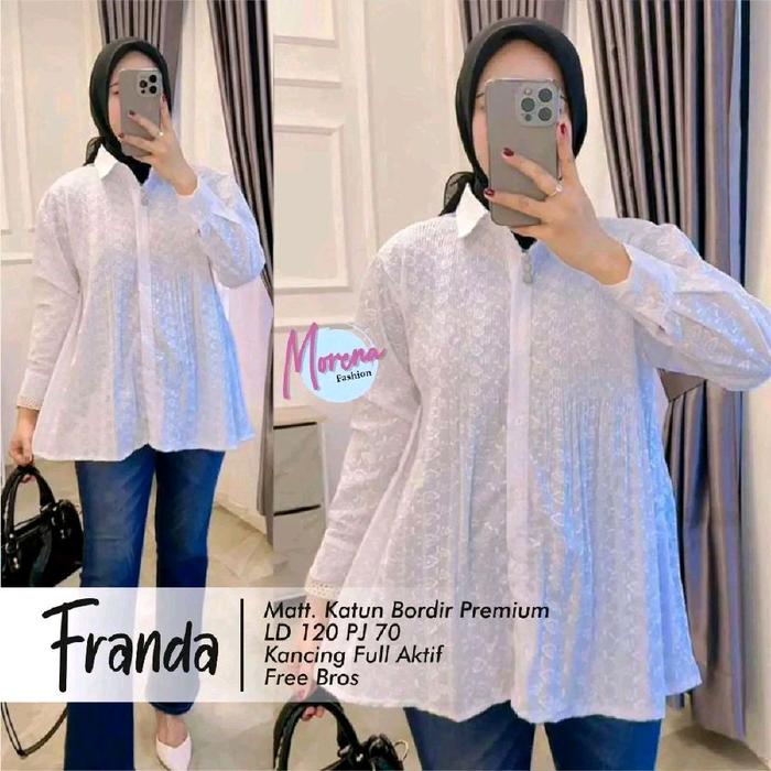 (BONUS BROSS) - Franda blus polos bordir putih Baju Kancing Katun Muslim Wanita Atasan Top Kerja Bor