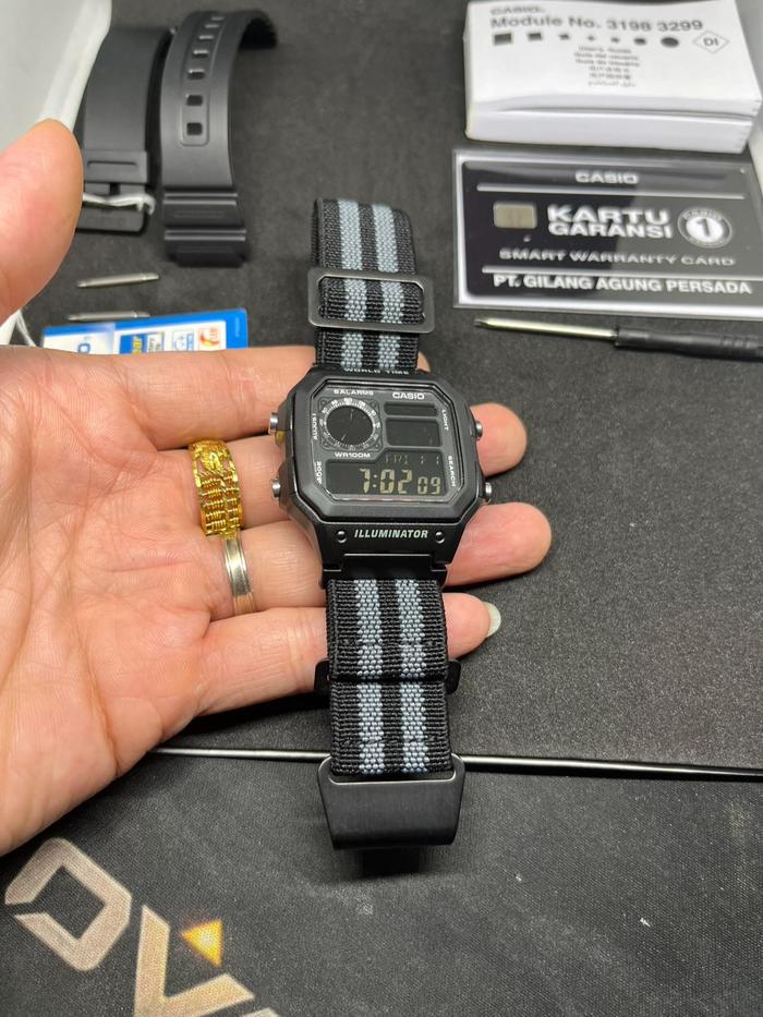 Casio AE-1200 Royale Stealth Black strap  French Marine Nationale Diver Parachute Parasut Elastic Na