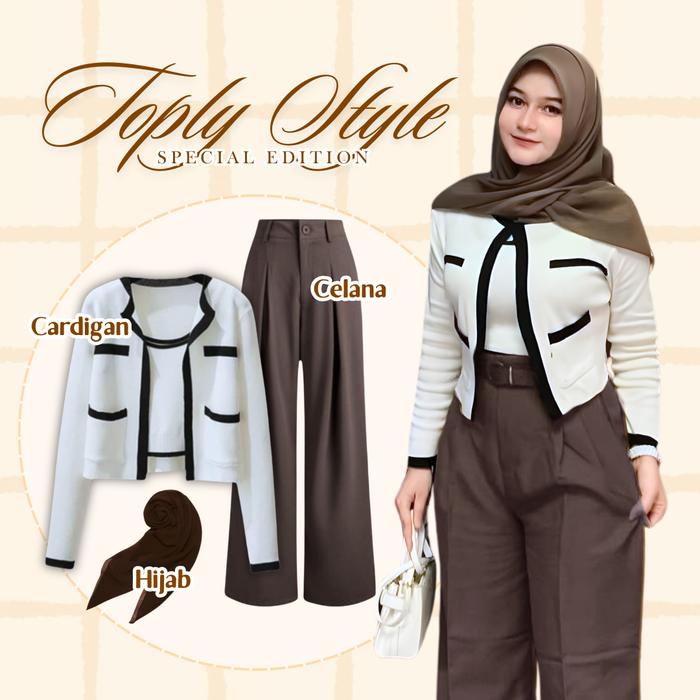Louvee Outfit / one set remaja 3in1 /  Setelan Kekinian / outfit wanita kekinian / Cardigan Rajut Pr