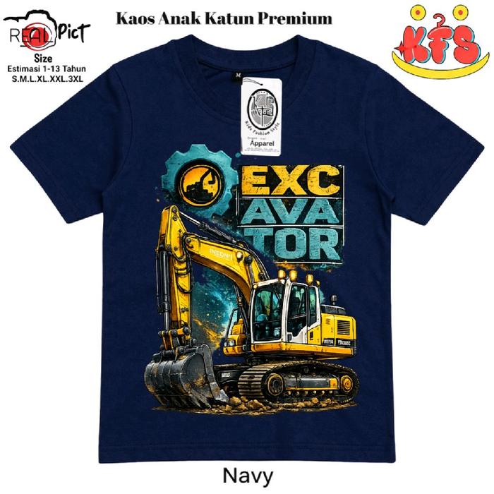 Baju Kaos Excavator Anak Cewek Cowok Efek Bordir Digital Printing Usia 1-13 Tahun Cotton 30s