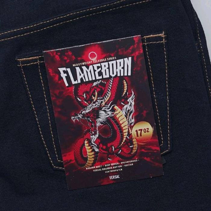 VERSAL THE FINEST - FLAMEBORN 17 OZ DEEP INDIGO X MAROON WEFT UNSANFORIZED DENIM