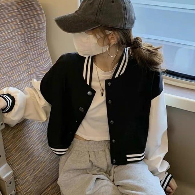 Jacket Crop Baseball Wanita | Korean Style Varsity Cropped | Atasan Wanita | Jacket Crop Wanita