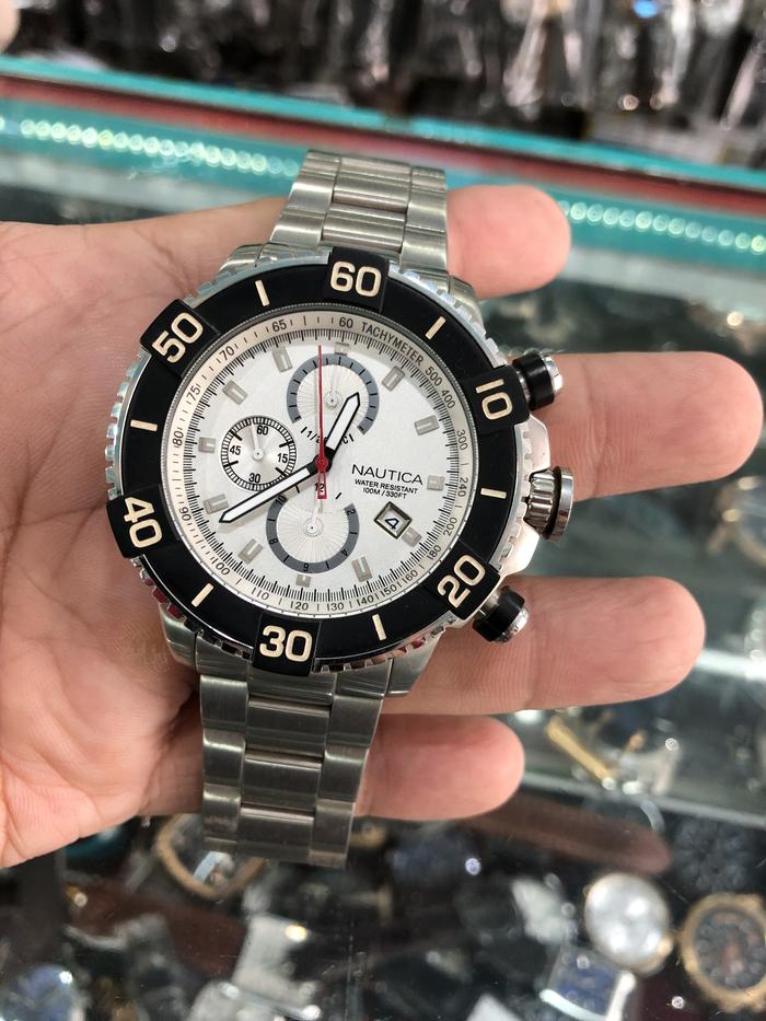 jam tangan sporty pria stenlis steel NAUTICA cronograph anti karat siap pakai strap rantai anti kara