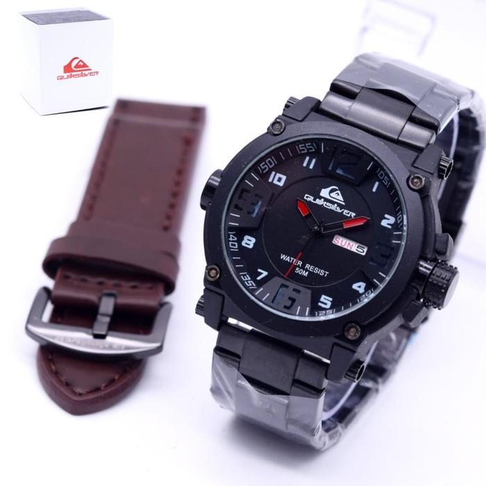 Promo Paket !!! Jam Tangan Pria Quiksilver Tanggal Hari Rantai Bonus Kulit Jarum Merah
