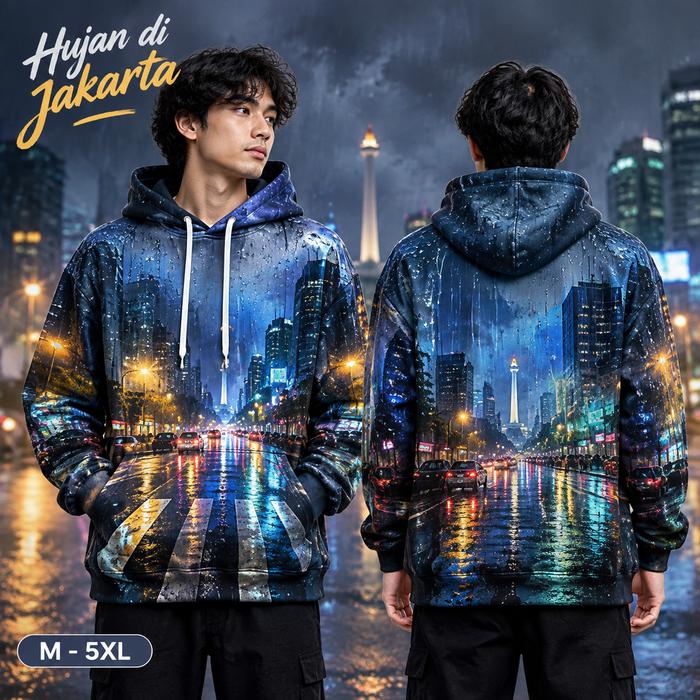 Hoodie Pria 3D Motif Kota Jakarta Saat Hujan Malam, Pemandangan Gedung Pencakar Langit dan Monas den
