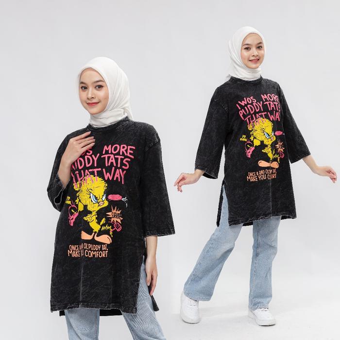 SURVIVE | Tunik kaos oversize wanita snow black/washing twitte
