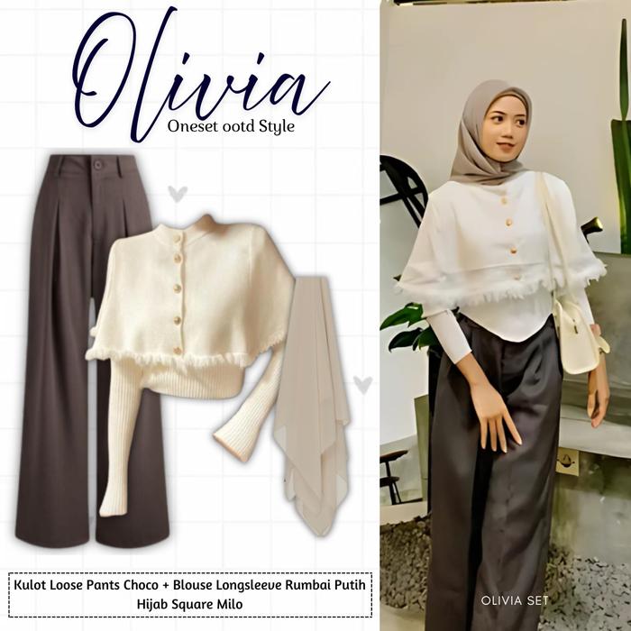 KWINDA Oneset Ootd 3in1 2in1 (Celana Kulot, Blouse Rumbai Ruffle tinkerbell Hijab) Setelan Elegan Si