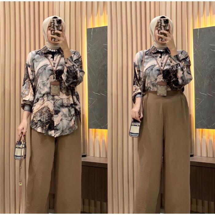 NEW Setelan Rayon Crinkle Premium - Atasan Blouse Motif Kerah Shanghai & Celana Kulot / Lurus - Blou