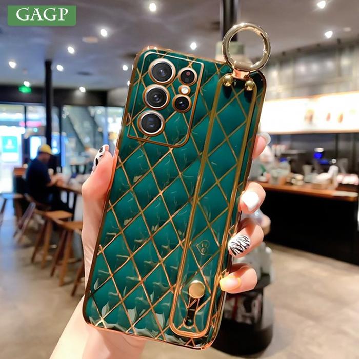 For Samsung S21 S22 Plus Case Luxury Diamond Plating Wrist Strap