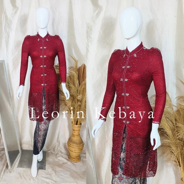 Setelan Kebaya Valerie Tunik Kerah Shanghai Full Payet Lengan Tumpuk Bahan Brokat Premium Furing Inn